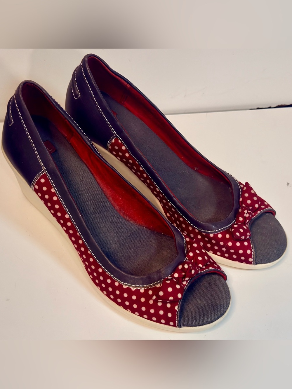 BC Footwear Red Polka Dot Peep-Toe Wedges 8.5